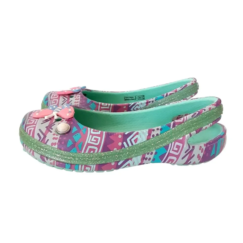 Crocs Genna II Ballet Flats Glitter Sparkle Slingback Dress Shoe Girls 11 Green